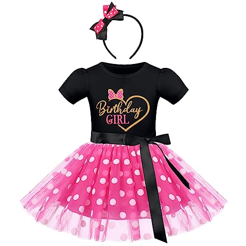 Minnie Mouse Kostüm Kinder, Baby Geburtstag Partykleid Kurzarm Gepunktet Tutu Tüll Prinzessin Kleid mit Stirnband Set für Fasching Karneval Weihnachten Festlich Schwarz & Liebe Rosa 4 Jahre von IBTOM CASTLE