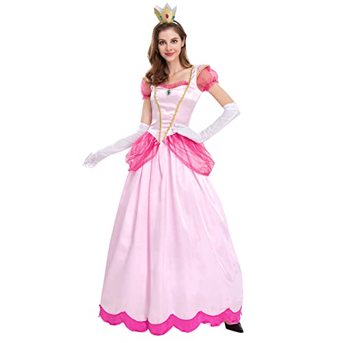 Peach kostüm Damen, Dornröschen Kostüm mädchen, Frauen Prinzessin pfirsich Kostüm, Cosplay Prinzessin Peach Erwachsenenkostüm Kleid und Krone Fasching Karneval Verkleidung Partykleid Rosa L von IBTOM CASTLE