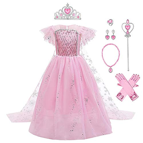 Schneekönigin Eiskönigin Prinzessin ELSA Kostüme für Mädchen Kinder Tüll Kleid mit Umhang Zubehör Eisprinzessin Verkleidung Party Halloween Cosplay Karneval Weihnachten Geburtstag 01-Rosa 5-6 Jahre von IBTOM CASTLE