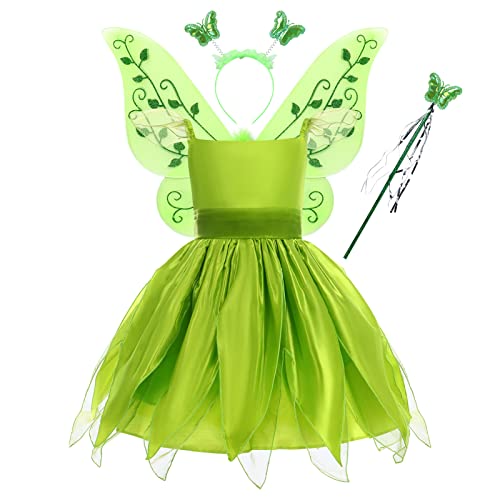 Tinkerbell Blumenfee Kostüm Mädchen Kinder Feen Verkleidung kostüm Tutu Kleid Halloween Cosplay mit Schmetterlings flügeln Zauberstab Stirnband Fasching Karneval Mottoparty Ankleiden Grün 4-5 Jahre von IBTOM CASTLE