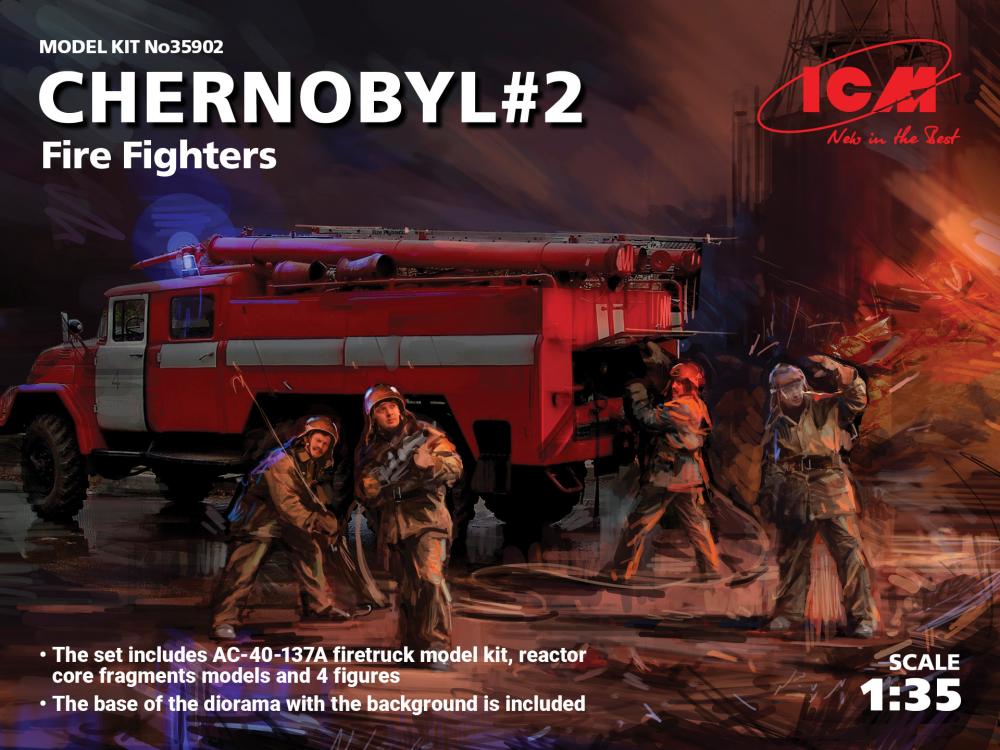 Chernobyl2. Fire Fighters (AC-40-137A firetruck & 4 figures & diorama base w. background) von ICM