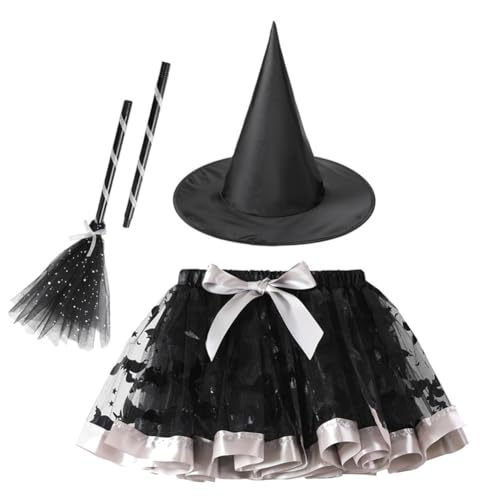 Halloween Kostüm Kinder Hexenkostüm Mädchen 3tlg. Cosplay Custume Tüllrock Tütü Rock + Hexenhut + Hexenbesen Zauberin Hexen Verkleidung Set Für Fasching Cosplay Party Festival IDOPIP schwarz 2-4 Jahre von IDOPIP