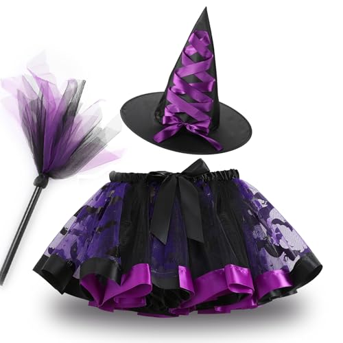 Halloween Kostüm Kinder Hexenkostüm Mädchen 3tlg. Cosplay Custume Tüllrock Tütü Rock + Hexenhut + Hexenbesen Zauberin Hexen Verkleidung Set Für Fasching Cosplay Party Festival IDOPIP violett 2-4 Jahre von IDOPIP