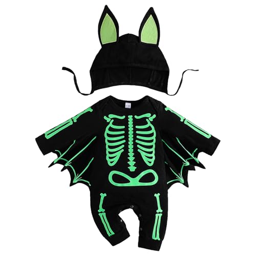 IDOPIP 0-24 Monate Halloween Kostüm Kinder Fledermaus Kostüm 2 tlg. Baby Strampler Jumpsuit + Hut Batman Baby Bodysuits Child's Costume Skelett Kostüm Für Party Karneval Cosplay grün 0-3M von IDOPIP