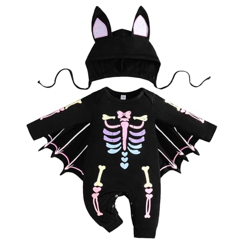 IDOPIP 0-24 Monate Halloween Kostüm Kinder Fledermaus Kostüm 2 tlg. Baby Strampler Jumpsuit + Hut Batman Baby Bodysuits Child's Costume Skelett Kostüm Für Party Karneval Cosplay violett 0-3M von IDOPIP