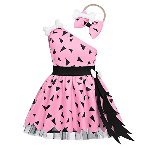 IDOPIP Baby Jungen Mädchen Kostüm Steinzeit Feuerstein Kiesel Kostüm Bam Bam 1. Geburtstag Outfits Höhlenmensch Kostüm Halloween Verkleidung Karneval Mottoparty Partykleid Rosa Mädchen 2-3 Jahre von IDOPIP