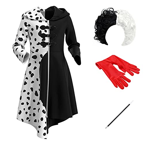 IDOPIP Cruella Deville Kostüm für Mädchen 101 Dalmatiner Hund Halloween Cosplay Schwarz Weiß Gepunktet Mantel Perücke Zigarettenhalter Film Charakter Böse Verkleidung Karneval Party Outfits Mantel 5-6 von IDOPIP