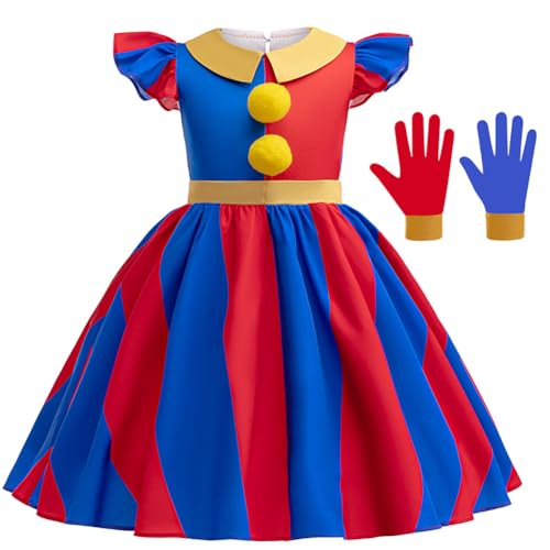 IDOPIP Halloween Kostüm Kinder Clown Kostüm Mädchen Prinzessin Kleid Joker Kostüm 2 tlg. Faschingskostüme Kleid+ Handschuhe Zirkus Kostüm Für Karneval Cosplay Party Festival blau-rot 4-5 Jahre von IDOPIP