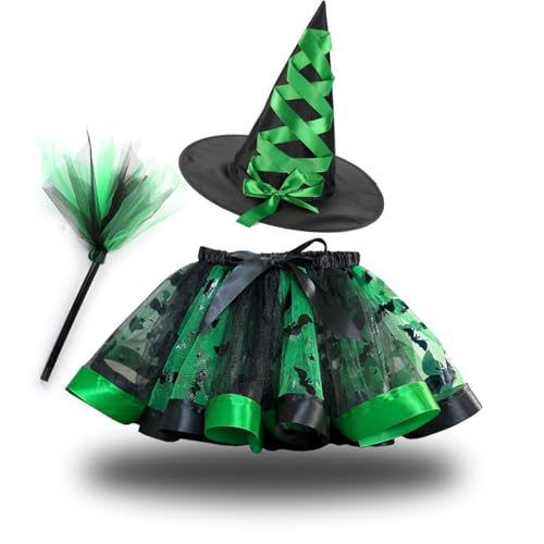 IDOPIP Halloween Kostüm Kinder Hexenkostüm Mädchen 3tlg. Cosplay Custume Tüllrock Tütü Rock + Hexenhut + Hexenbesen Zauberin Hexen Verkleidung Set Für Fasching Cosplay Party Festival grün 2-4 Jahre von IDOPIP