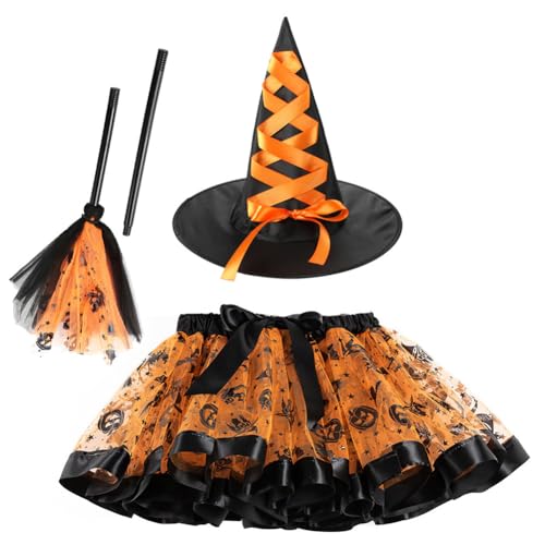 IDOPIP Halloween Kostüm Kinder Hexenkostüm Mädchen 3tlg. Cosplay Custume Tüllrock Tütü Rock + Hexenhut + Hexenbesen Zauberin Hexen Verkleidung Set Für Fasching Cosplay Party Festival orange 2-4 Jahre von IDOPIP