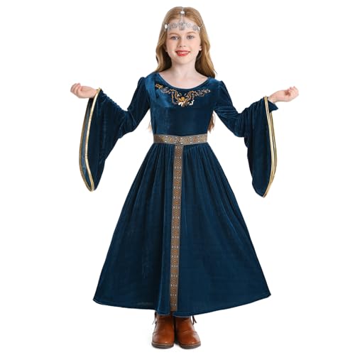 IDOPIP Halloween Kostüm Kinder Mittelalter Kostüm Mädchen Renaissance Prinzessin Kleid Mittelalterliche Königin Adels Kostüm Viktorianischen Königin Kostüm Fasching Karnevalskostüm blau 5-6 Jahre von IDOPIP