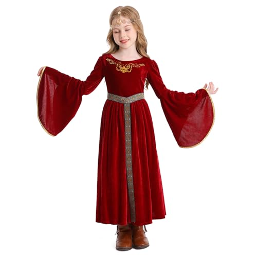 IDOPIP Halloween Kostüm Kinder Mittelalter Kostüm Mädchen Renaissance Prinzessin Kleid Mittelalterliche Königin Adels Kostüm Viktorianischen Königin Kostüm Fasching Karnevalskostüm rot 5-6 Jahre von IDOPIP