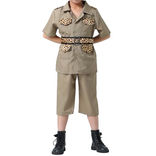 IDOPIP Halloween Kostüm Kinder Safari Kostüm Entdecker Set für Jungen Cosplay Karneval Party Rave Outfit Festival dress up Oberteil + Shorts + Gürtel Anzug für Armee Militär hellgrün 4-6 Jahre von IDOPIP