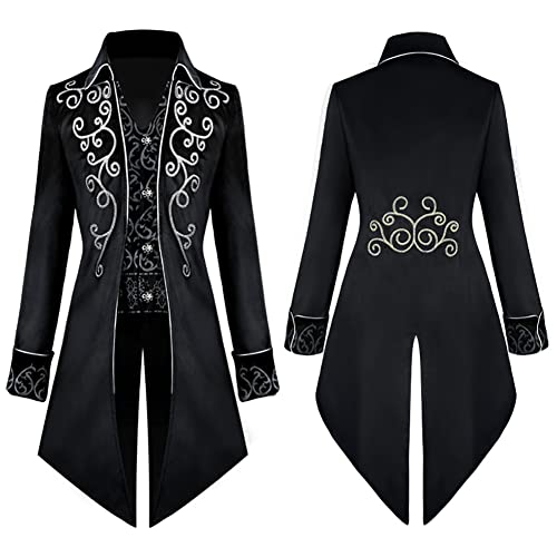 IDOPIP Herren Gothic Frack Steampunk Jacke Mittelalter Langer Mantel Viktorianisch Renaissance Pirat Viking Karneval Kostüm Cosplay Fashing Smoking Black 02 L von IDOPIP