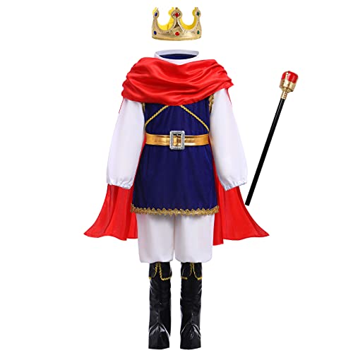 IDOPIP Kinder Jungen Märchenprinz Kostüm königlicher König Kostümset Jacke Top Hose Gürtel Krone Krone Mittelalter Kleidung Set für Halloween Karneval Cosplay Verkleidung Rot + Blau 02 8-9 Jahre von IDOPIP