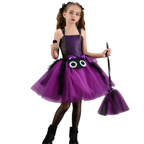 IDOPIP Kinder Mädchen Spinnenkostüm Hexe Teenager mit Besen und Haarnadel für Karneval Party Fantasie Parade Tüll Tutu Kleid Lila 10-12Y IDOPIP Kinder Mädchen Spinnenkostüm Hexe Teenager mit Besen und Haarnadel für Karneval Party Fantasie Parade Tüll Tutu Kleid Lila 10-12Y von IDOPIP