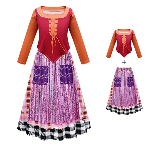 IDOPIP Mädchen Winifred Sanderson Kostüm Cosplay Kleid Hocus Pocus Kinder Mary Sarah Sanderson Schwestern Kostüm Hexenkleid für Halloween Karneval Geschenk Violett 8-9 Jahre von IDOPIP