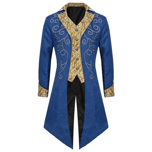 IDOPIP Mittelalter Steampunk Jacke Herren Vintage Kleidung Halloween Kostüm Smoking Uniform Gothic Frack Mantel Renaissance Retro viktorianische Oberteile Karneval Cosplay Outfit blau-golden L von IDOPIP