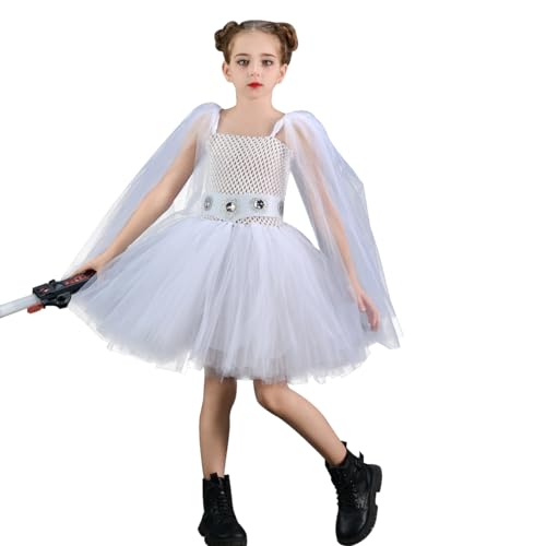 IDOPIP Halloween Kostüm Kinder Kinderkostüm Mädchen Halloween Kostüm Prinzessin Kleid Rüschen Tüll Tutu Kleid Cosplay Kostüm Film-Rollenspiel-Kostüme weiß 6-7Jahre von IDOPIP