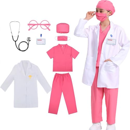 Doktor-Kostüm-Set mit Schlupfhose, Laborkittel, Stethoskop, Ausweis, Brille für Kinder, Mädchen, 3–10 Jahre von IDOTTA