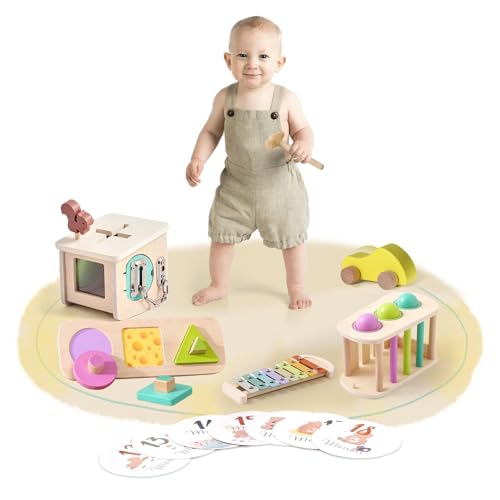 IEATFO Montessori Spielzeug für Babys 12-18 Monate, 7-in-1 Spielerisches Lernspielzeug aus Holz mit Ball Pounding Bench und Xylophon, Form Lockbox, Form Peg Puzzle, Holzauto und mehr, Bühnenbasiertes von IEATFO