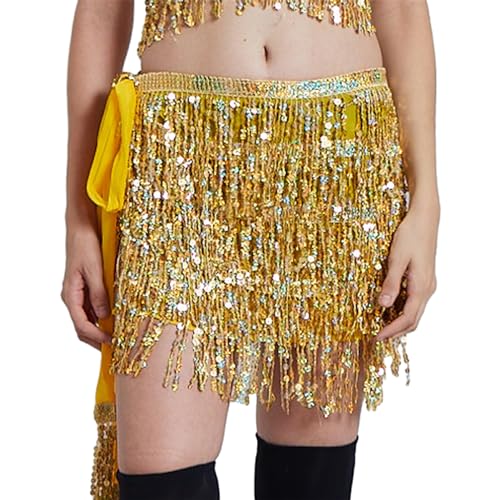 IEEDFJKK Frauen S Pailletten Quasten Rock Für Bauchtanz Bequem Und Atmungsaktiv Bauchtanz Mini Rock Für Frauen Chiffon, Gold gelb von IEEDFJKK