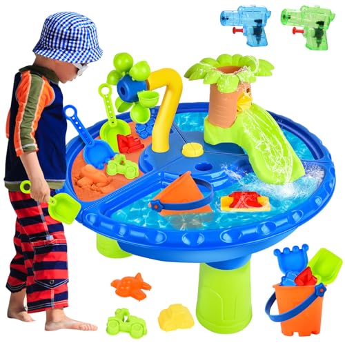 IEEILULU 4 IN 1 Sand Wasserspieltisch, 27 PCS Wassertisch Strandspielzeug, Matschtisch Strandtisch für Kinder, Sandkastentisch Kinder, Wasser Outdoor Aktivität Sommer Sand für Mädchen Junge(B) von IEEILULU