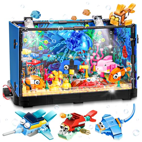 IEEILULU Aquarium-Baustein, Beleuchtetes, Compatible with Lego Aquarium, Klemmbausteine, einschließlich Meeresquallen, Fischen, Tierbauspielzeug für Jungen Mädchen ab 8-12 Jahren von IEEILULU