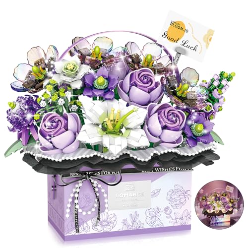 IEEILULU Blume Bausteine Set, 1212 Teilchen Rosen Bonsai Bausatz, Blumen Baustein DIY Blumenstrauß mit LED Streifen, Handheld Geschenkbox, für Erwachsene und Kinder (Lila) von IEEILULU