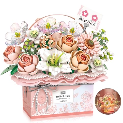 IEEILULU Blume Bausteine Set, 1212 Teilchen Rosen Bonsai Bausatz, Blumen Baustein DIY Blumenstrauß mit LED Streifen, Handheld Geschenkbox, für Erwachsene und Kinder (Rosa) von IEEILULU