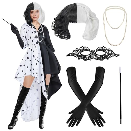 IEEILULU Böse Madame Kleid Strickjacke, Kapuzenmantel Strickjacke + Perücke + Handschuhe, Cruella Deville Kostüm, Costume Film Charakter Verkleidung Damen für Karneval Halloween Party (L) von IEEILULU