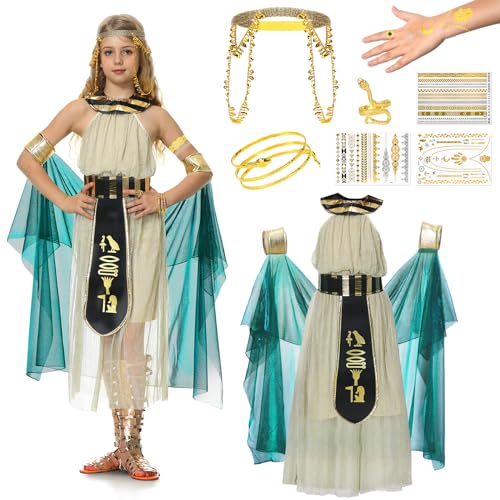 IEEILULU Cleopatra Kostüm Kinder, Kleopatra Kostüm Mädchen, Ägypterin Kostüm mit Kleid, Kopfschmuck und Handgelenkschmuck, Karneval Ägypterin Kleopatra Kostüm, Faschingskostüm Mädchen (złoty, 140) von IEEILULU