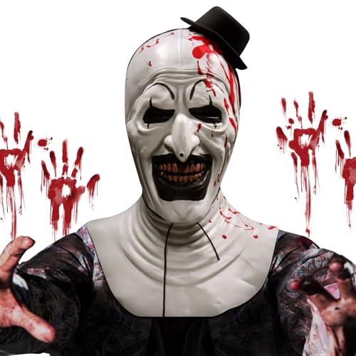 IEEILULU Clown Maske Terrifier, Horror Art Der Clown Maske für Erwachsene, Scary the Killer Terrifier Kostüm Accessoire mit Mini Zylinderhut und Eihnachtsmannmützen Cosplay Requisiten von IEEILULU