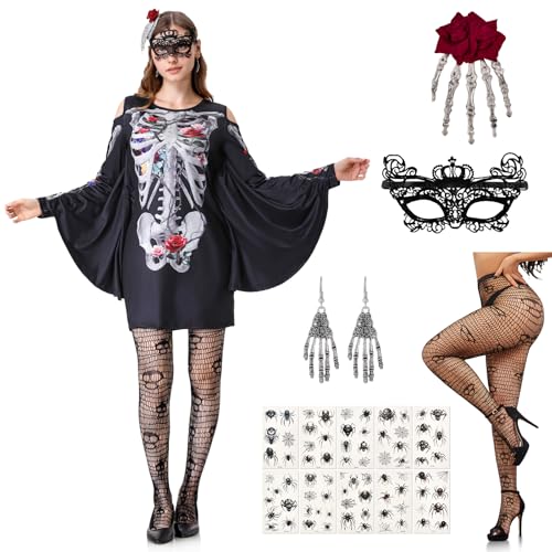 IEEILULU Skelett Kleid Damen, Halloween Kostüm Damen Skelett, Schwarzes Fledermaus Skelett Anzug Damen Cosplay mit Fledermausärmeln, Maske, Netzstrümpfe Spitzen-Augenmaske für Halloween (Skelett, L) von IEEILULU