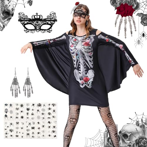 IEEILULU Skelett Kleid Damen, Halloween Kostüm Damen Skelett, Schwarzes Fledermaus Skelett Anzug Damen Cosplay mit Fledermausärmeln, Maske, Netzstrümpfe Spitzen-Augenmaske für Halloween (Skelett, L) von IEEILULU