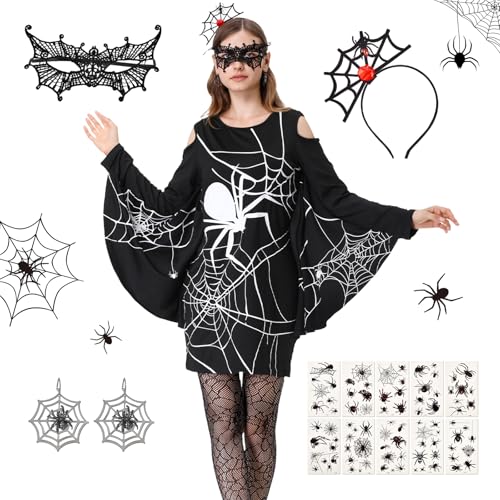 IEEILULU Spinnen Kleid Damen, Halloween Kostüm Damen Spinne, Fledermaus Spinnenkostüm Damen, Spinne Verkleidung Dame Outfit Set mit Maske, Netzstrümpfe Spitzen-Augenmaske (Spinnen, XL) von IEEILULU