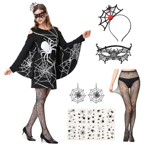 IEEILULU Halloween Kostüm Spinne, Damen Halloween Kleid Fledermaus Cosplay Kostüm für Karneval Party Dress Up Erwachsene (Spinne, XXL) von IEEILULU