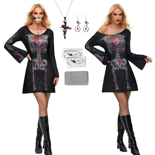 IEEILULU Halloween Skelett Kleid, Halloween Skelett Kostüm Damen, Skelett Knochen Kleid Langarm mit Strümpfe, Schwarzes Gruselig Skelett Tshirt Kleider für Halloween Cosplay (Rosen, L) von IEEILULU