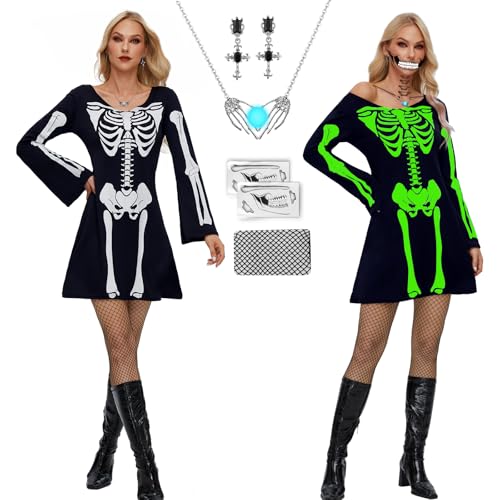 IEEILULU Halloween Skelett Kleid, Halloween Skelett Kostüm Damen, Skelett Knochen Kleid Langarm mit Strümpfe, Schwarzes Gruselig Skelett Tshirt Kleider für Halloween Cosplay (Skelett, L) von IEEILULU