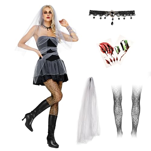 IEEILULU Halloween Zombie Braut Kostüm Damen, Halloween Brautkleid mit Halskette und Schleier, Friedhofsbraut Kleid Geisterbraut Kostüm Damen für Halloween Fasching Cosplay-Kurzer Rock(L) von IEEILULU