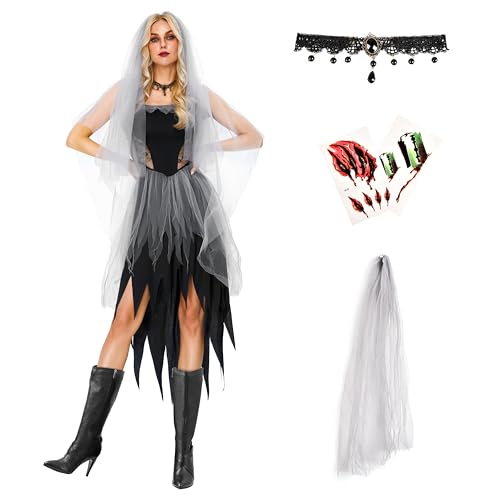 IEEILULU Halloween Zombie Braut Kostüm Damen, Halloween Brautkleid mit Halskette und Schleier, Friedhofsbraut Kleid Geisterbraut Kostüm Damen für Halloween Fasching Cosplay-Langer Rock(L) von IEEILULU