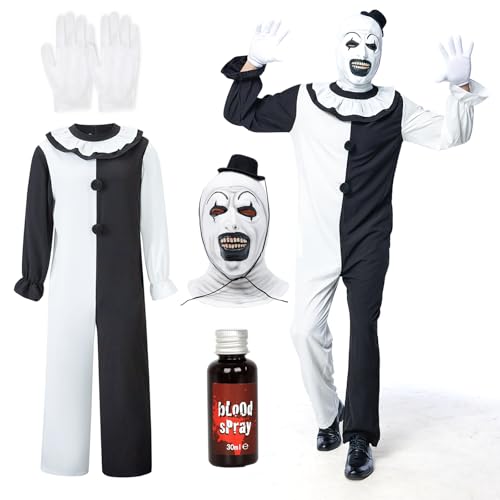 IEEILULU Horror Clown Kostüm Herren, Halloween Terrifier Kostüm Herren Art the Clown Jumpsuit Set mit Schwarz Weißer Overall und Terrifier Clown Hut Maske für Halloween Karneval (L) von IEEILULU