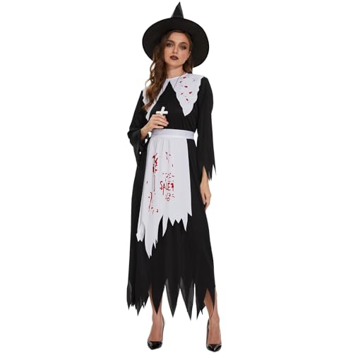 IEEILULU Horror Nonne Kostüm, Halloween Nonnen Kostüm Damen, Halloween Kostüm Damen Hexe mit Kreuzkette, Hexenhut, Schürzen, Gut für Cosplay Party, Halloween (M) von IEEILULU