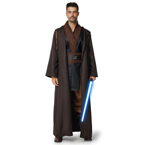 IEEILULU Jedi Kostüm für Herren, Mittelalter Kapuzenrobe Tunika Outfit Set mit Blau Lightsaber (Braun+Schwarz, L) von IEEILULU