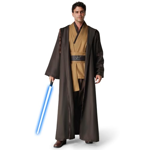 IEEILULU Jedi Kostüm für Herren, Mittelalter Kapuzenrobe Tunika Outfit Set mit Blau Lightsaber (Braun, XXL) von IEEILULU