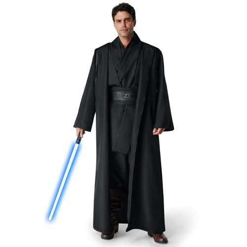 IEEILULU Jedi Kostüm Herren, Jedi Robe Herren Set Jedi Outfit Herren Jedi Kleidung Herren mit Blau Lightsaber, Kapuzenumhang und Mittelalter Tunika für Halloween, Karneval (Schwarz, L) von IEEILULU