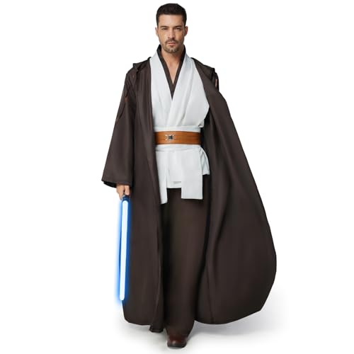 IEEILULU Jedi Kostüm Herren, Jedi Robe Herren Set Jedi Outfit Herren Jedi Kleidung Herren mit Blau Lightsaber, Kapuzenumhang und Mittelalter Tunika für Halloween, Karneval (Weiß, L) von IEEILULU