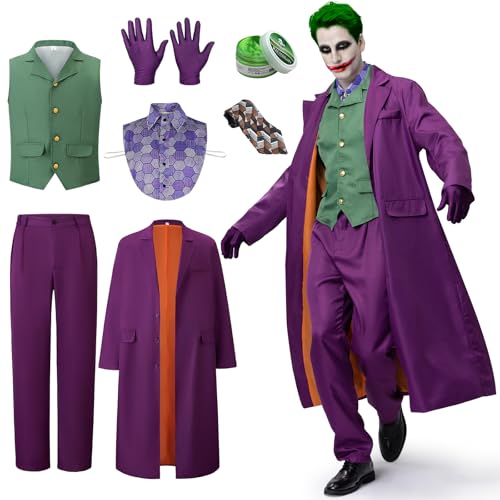 IEEILULU Joker Kostüm Herren, Horror Clown Kostüm Herren Halloween Killer Joker Outfit Herren Set mit Lila Mantel, Grüne Weste, Hose, Krawatte, Falschem Hemdkragen und Handschuhen für Halloween (2XL) von IEEILULU