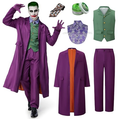 IEEILULU Joker Kostüm Herren, Horror Clown Kostüm Herren Halloween Killer Joker Outfit Herren Set mit Lila Mantel, Grüne Weste, Hose, Krawatte, Falschem Hemdkragen und Handschuhen für Halloween (M) von IEEILULU