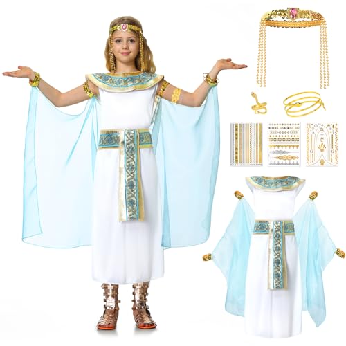 IEEILULU Kostüm Cleopatra für Mädchen, Ägypteri Verkleidung Kinderkostüm Kleid mit Ägyptisches Kopfdekoration, Handgelenkschmuck, Antike Ägypterin Pharaonin Faschingskostüm, Karneval (weiss, 150) von IEEILULU